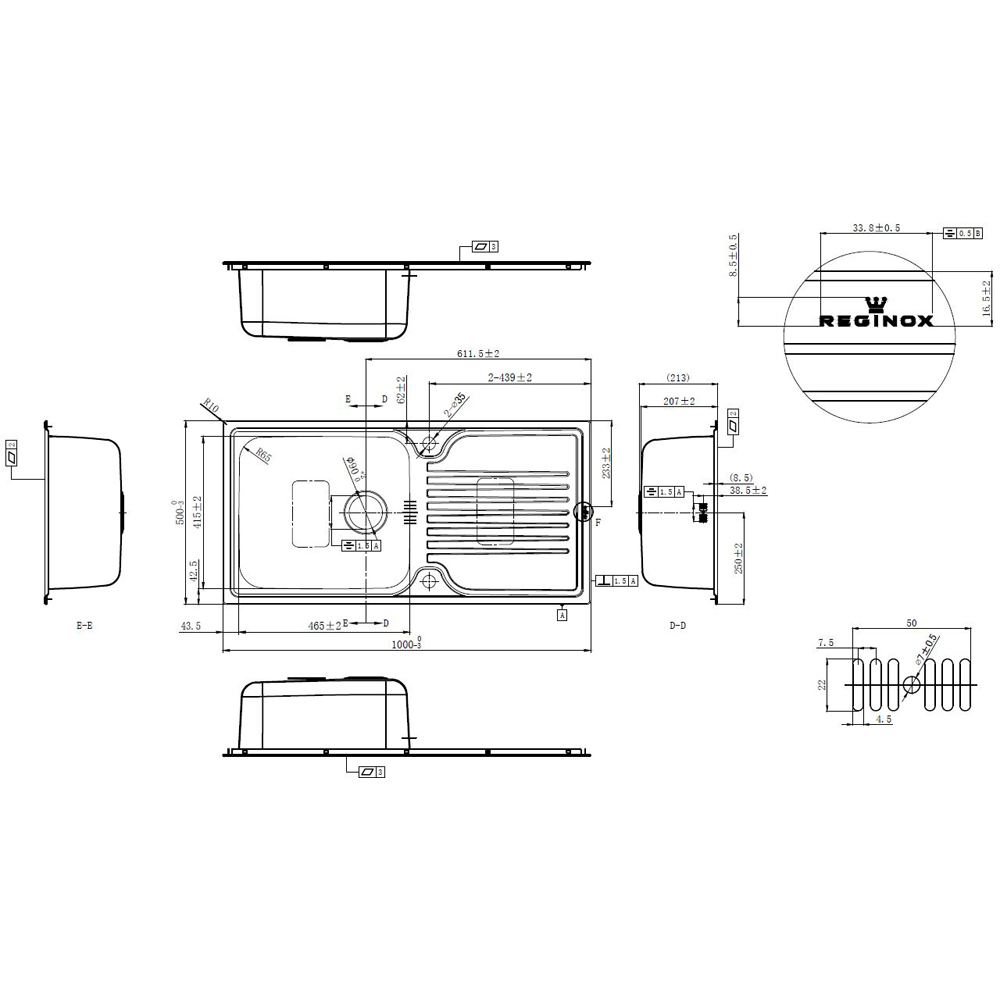 Reginox Senator 10 Inset Single Bowl Reversible Sink 1000 x 500mm Image 3