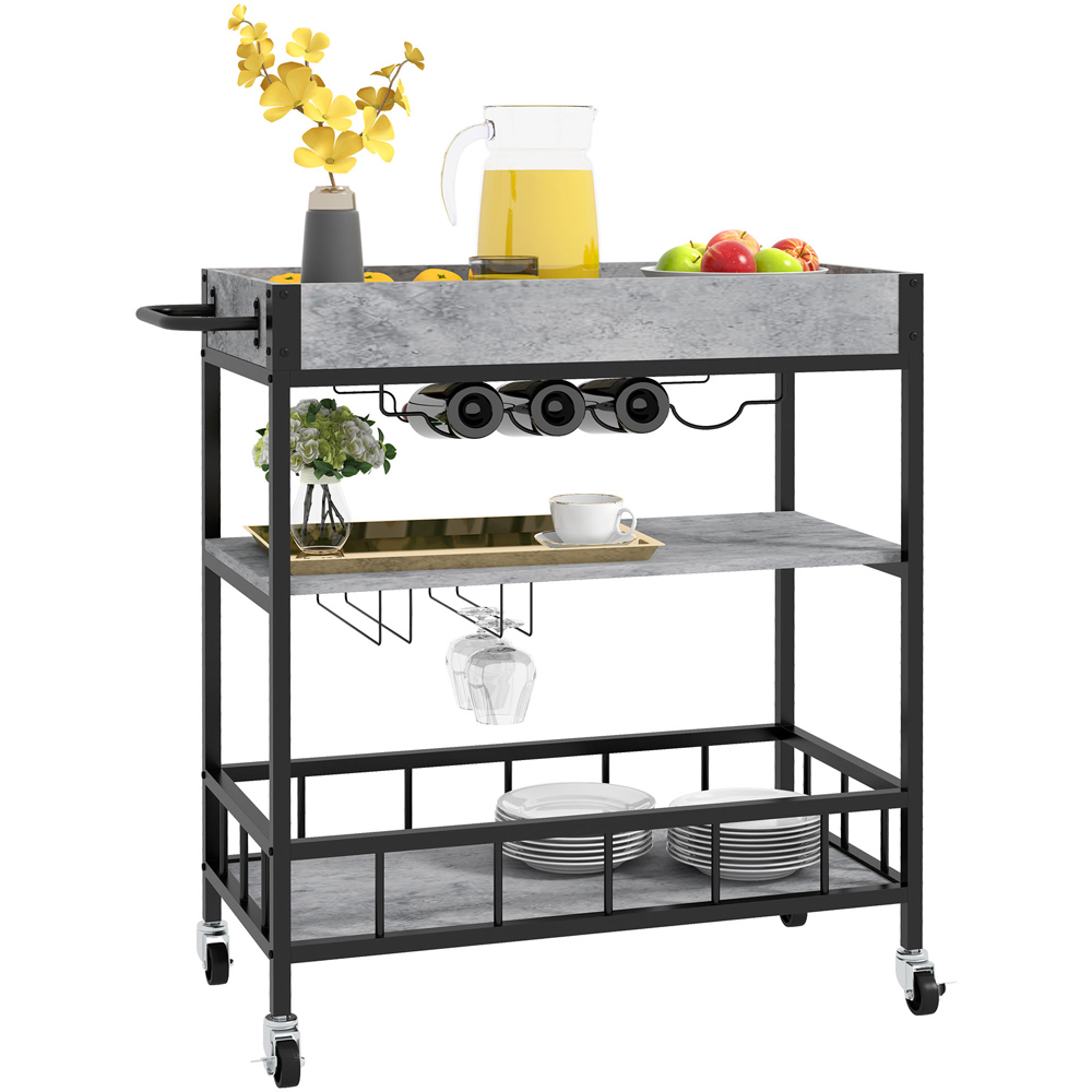 Portland 3 Shelf Faux Marbled Grey Kitchen Island Trolley with Wine Rack and Glass Holder Image 1