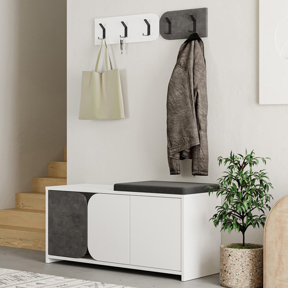 Decortie Moni 3 Door White and Retro Grey Shoe Cabinet with Coat Hanger Hook Image 1