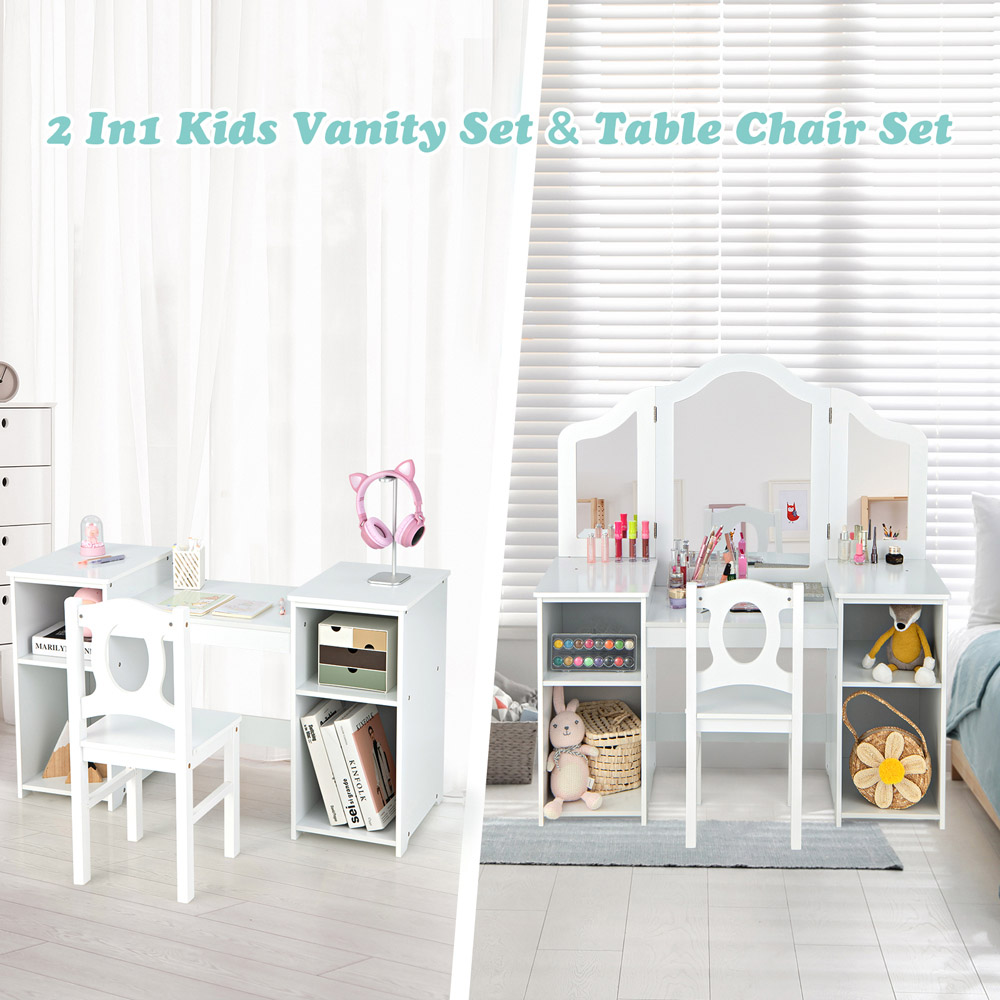 Costway White Kids Makeup Set with Tri Folding Detachable Mirror Image 9