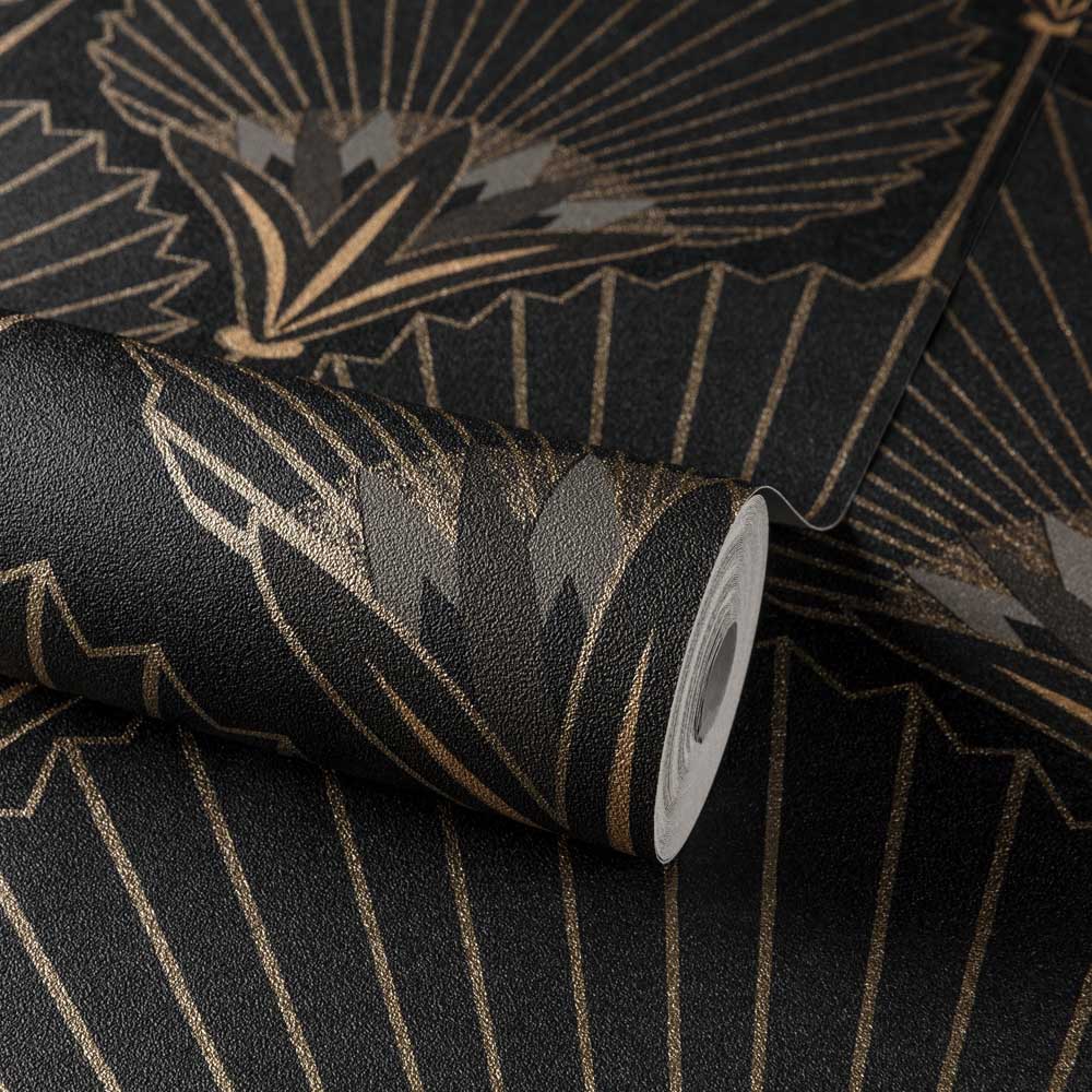 Grandeco Art Deco Nile Palm Black and Gold Textured Wallpaper Image 2