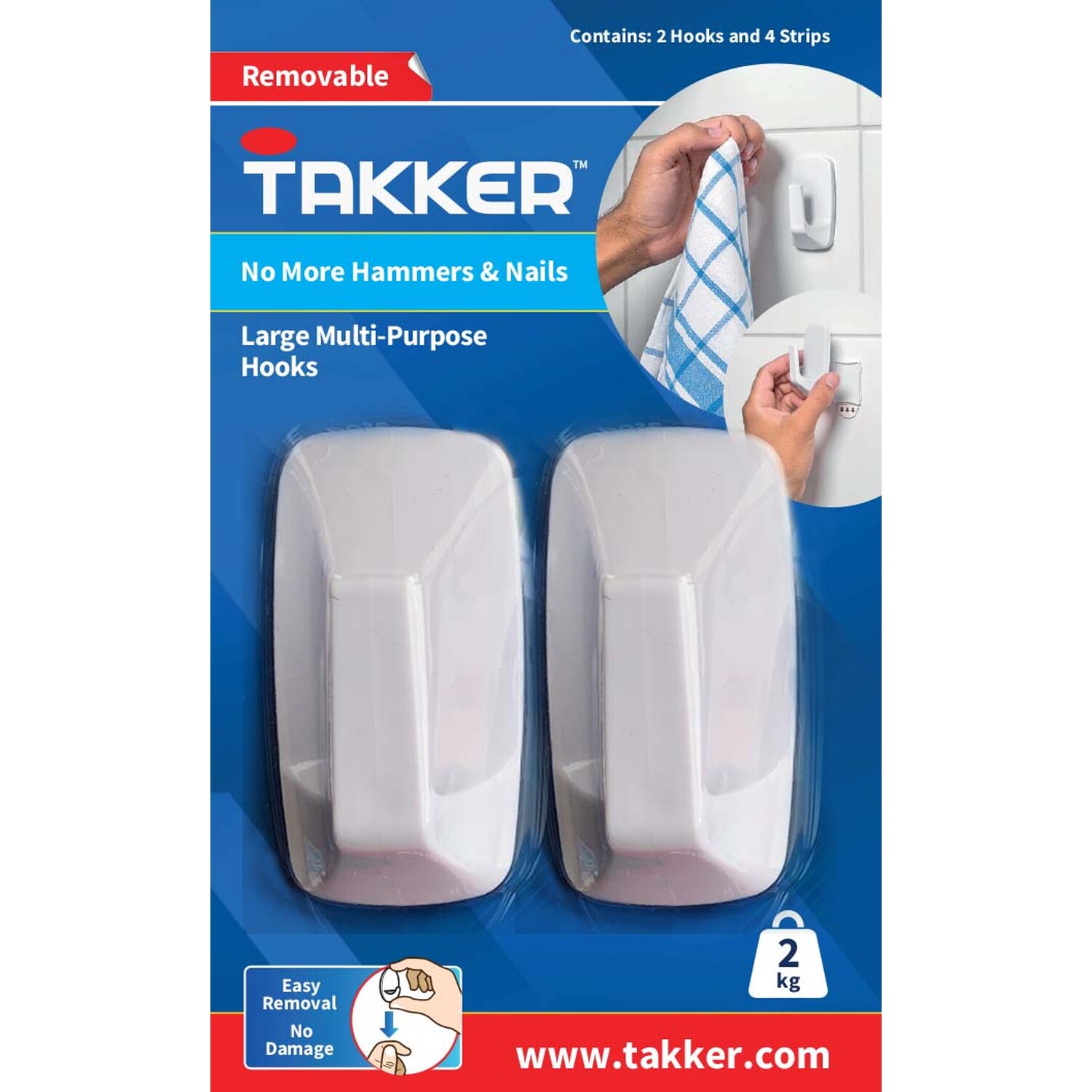 Takker 2 Hook 4 Strips Large Multipurpose Hooks Image 1