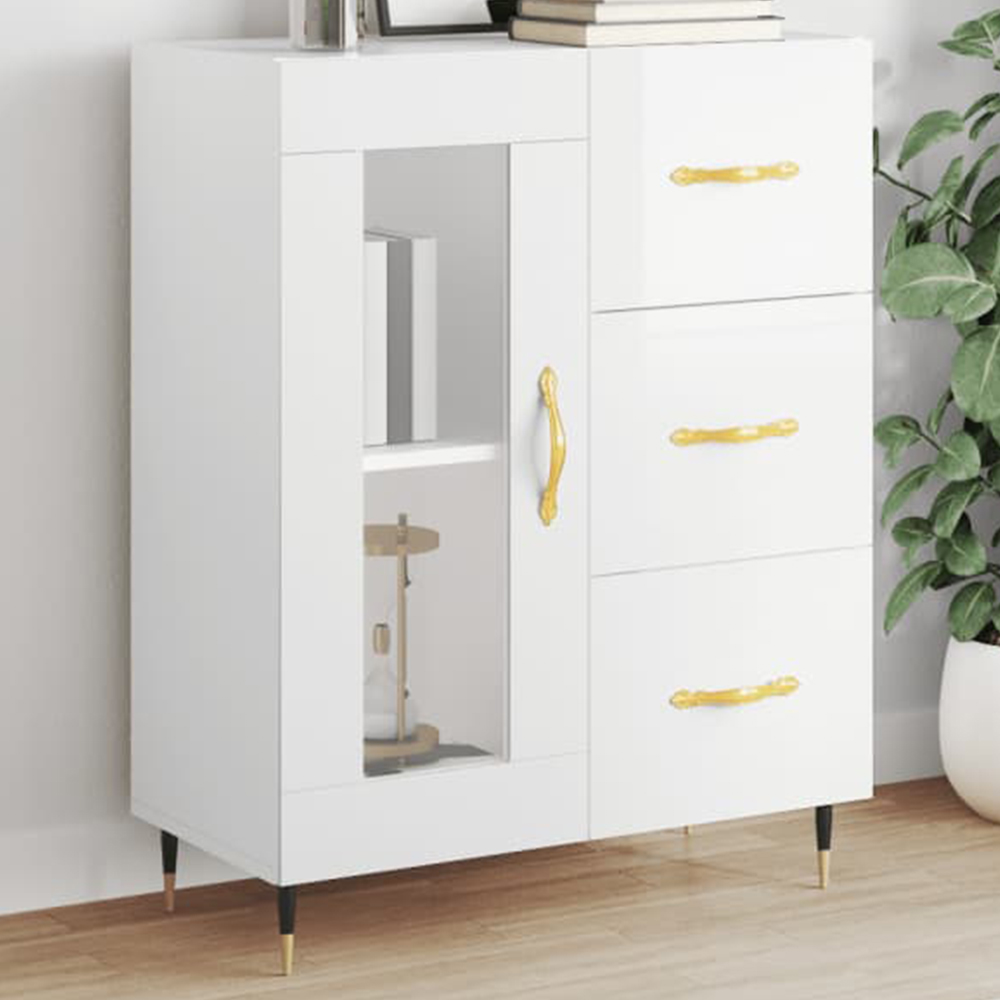 vidaXL Single Glass Door 3 Drawer High Gloss White Sideboard Image 1