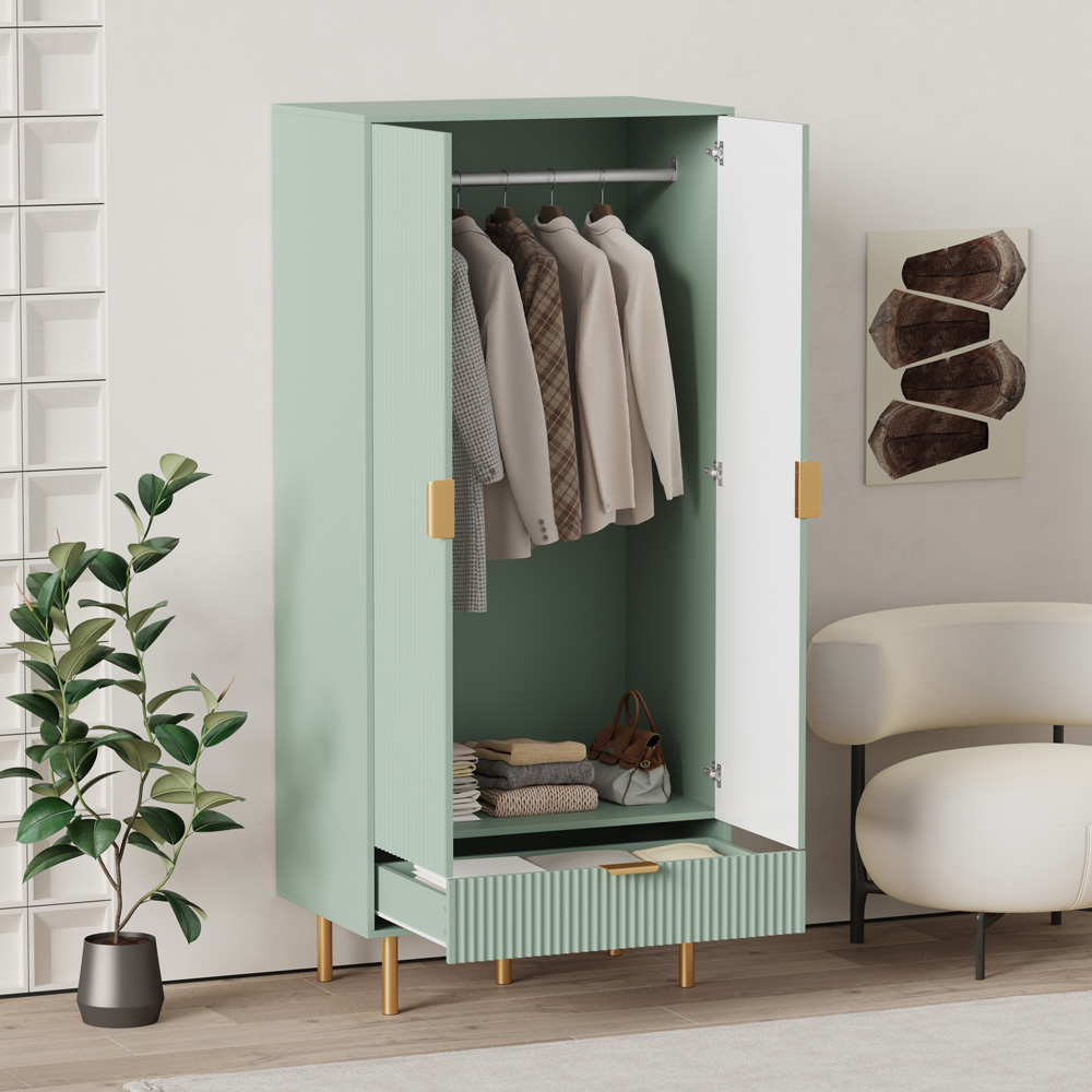 FurnitureHMD 2 Door Single Drawer Green Wave Pattern Wardrobe with Hanging Rail Image 6