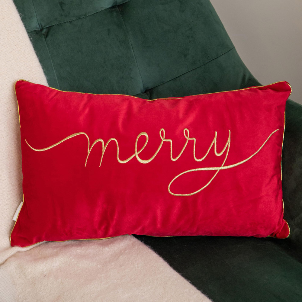 Samuel Alexander Red Merry Christmas Cushion with Gold Lettering and Trim 30 x 49cm Image 2