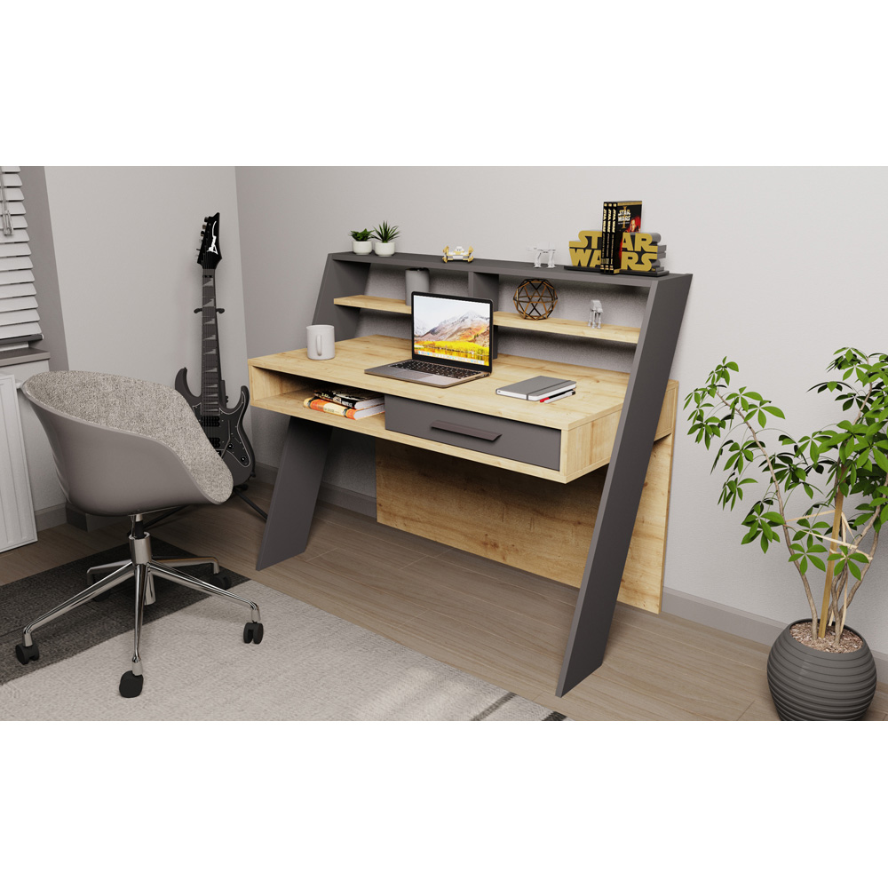 Decorotika Soho Single Drawer 5 Shelf Computer Desk Oak and Anthracite Image 5