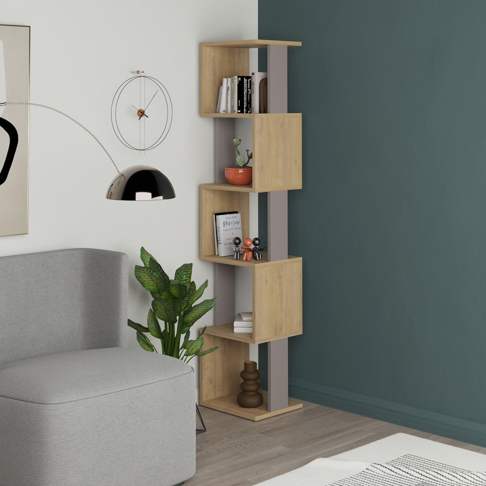 Decortie Piri 5 Shelf Oak and Mocha Grey Asymmetrical Bookcase Image 4