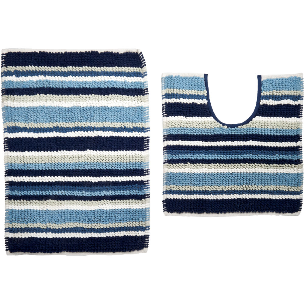 Wilko Blue Stripe Bath Mat and Pedestal Set Image 1