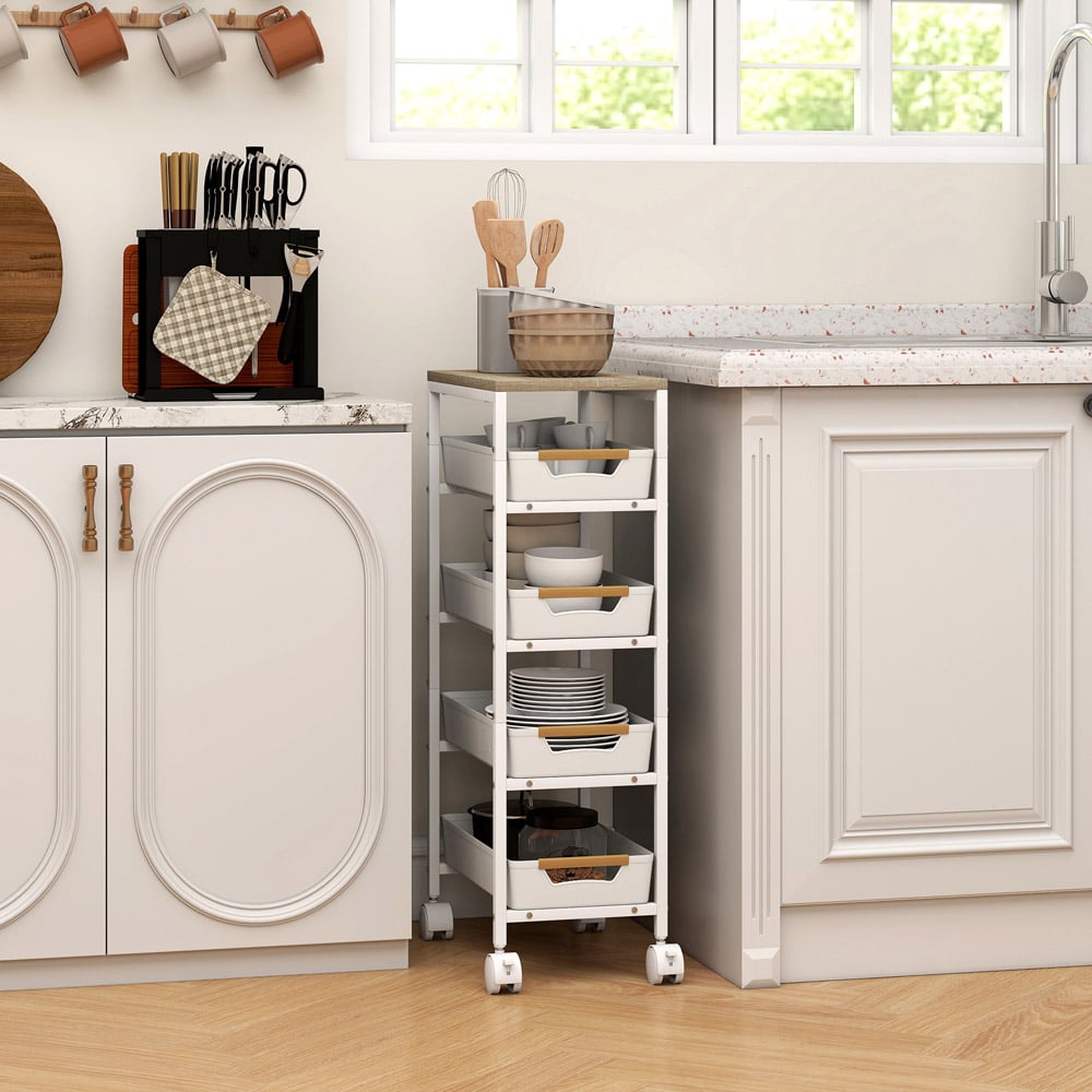 HOMCOM 5 Tier White Kitchen Storage Trolley Utility Cart Image 2