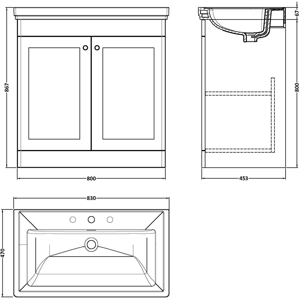 nuie Classique 2 Door Satin White Floor Standing Vanity Unit and 3 Tap Hole Fireclay Basin 800mm Image 2