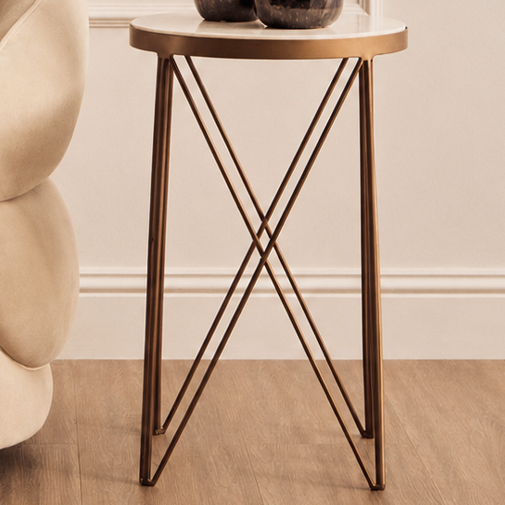 Premier Housewares Shalimar Gold Finish Round Side Table with Marble Top Image 1