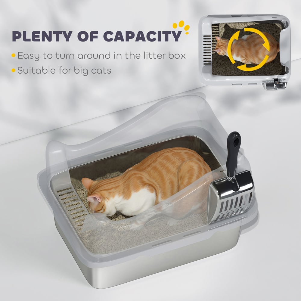 PawHut 43 x 33 x 25cm Stainless Steel Cat Litter Box with High Sides Image 5