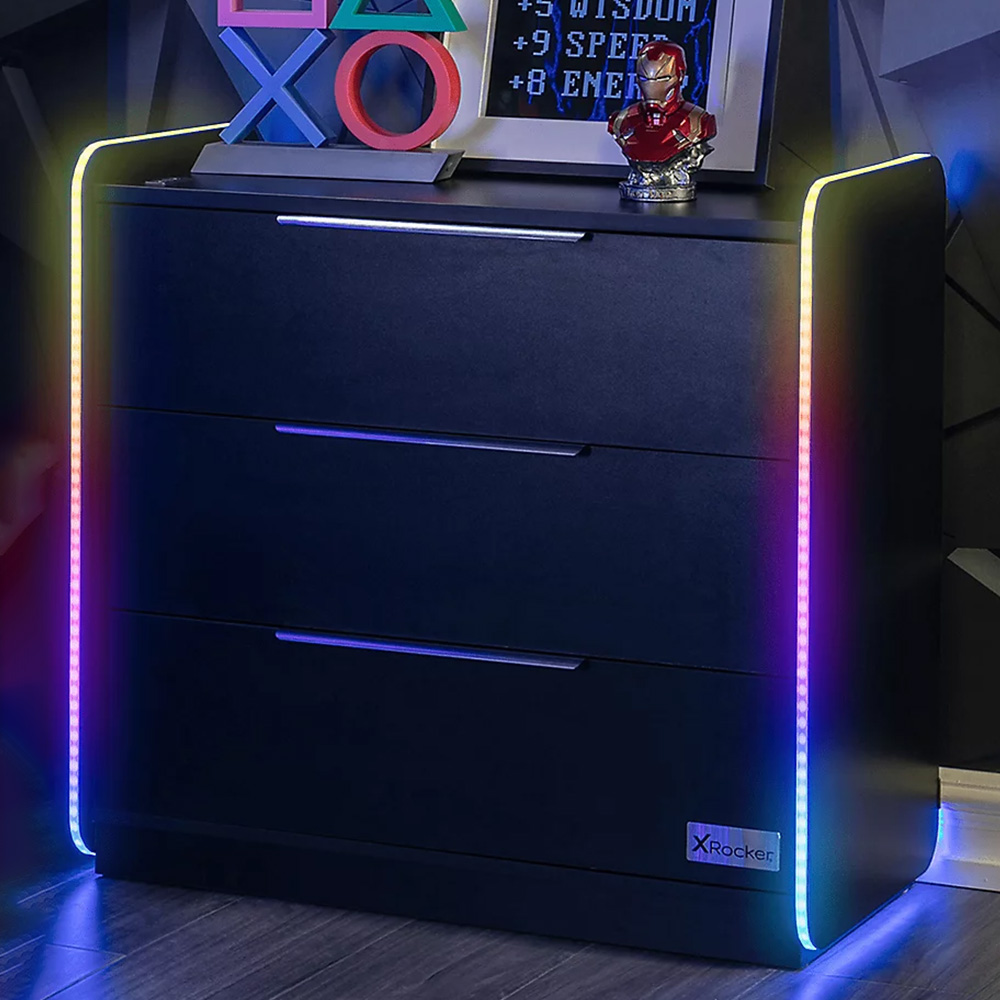 X Rocker Electra 3 Drawer Black Chest of Drawers with Neo Motion Sync App Controlled LED Light Image 1
