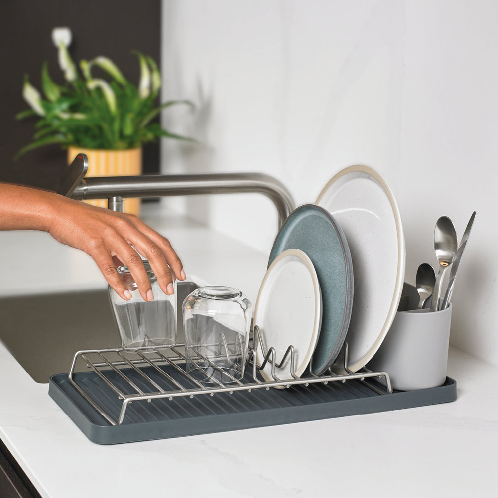 ReBorn Dark Grey Compact Kitchen Draining Rack with Cutlery Holder Image 5