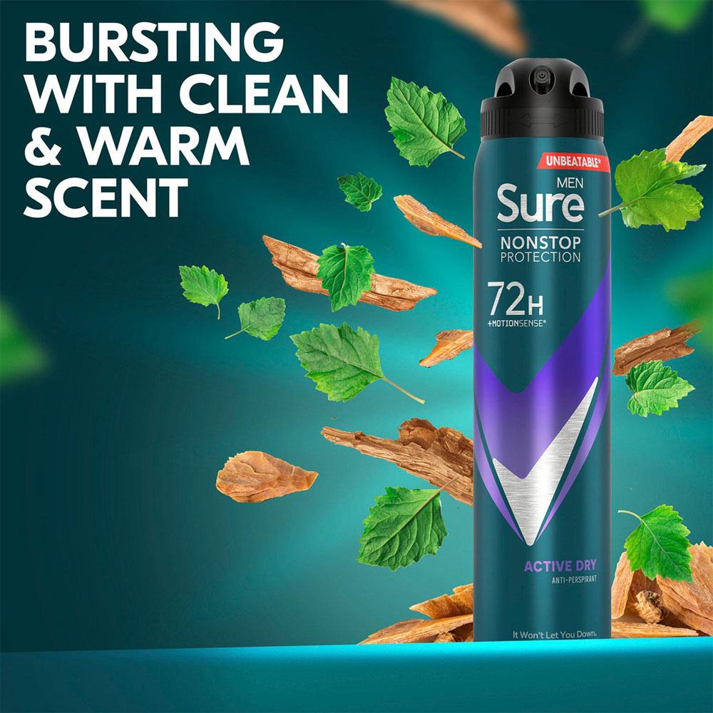 Sure Men 72H Non-Stop Protection Anti-Perspirant Active Dry Deodorant Spray 250ml 24 Pack Image 4