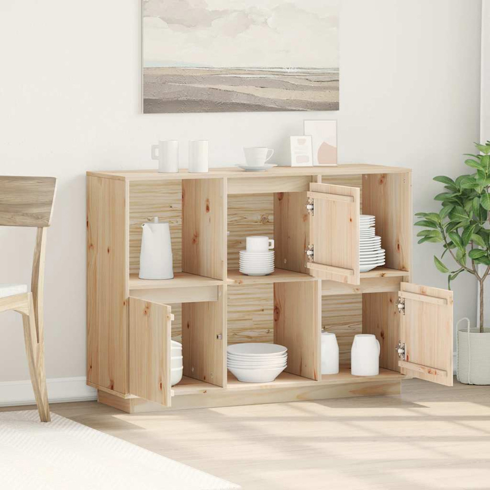 vidaXL 3 Door 3 Shelf Natural Solid Pine Wood Wide Sideboard Image 3