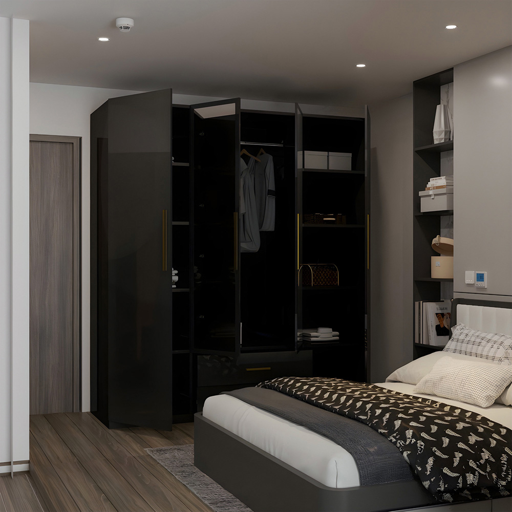 M N Furniture Glossera 4 Door 2 Drawer Black High Gloss Mirrored Wardrobe 160cm Image 4