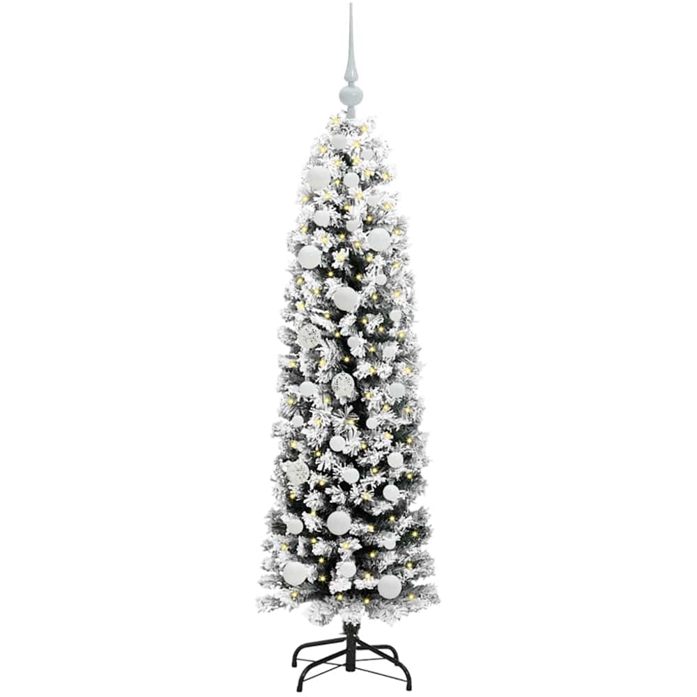 vidaXL Green Snow Flocked Artificial Christmas Tree with LEDs White Decoration Ornaments 5ft Image 1