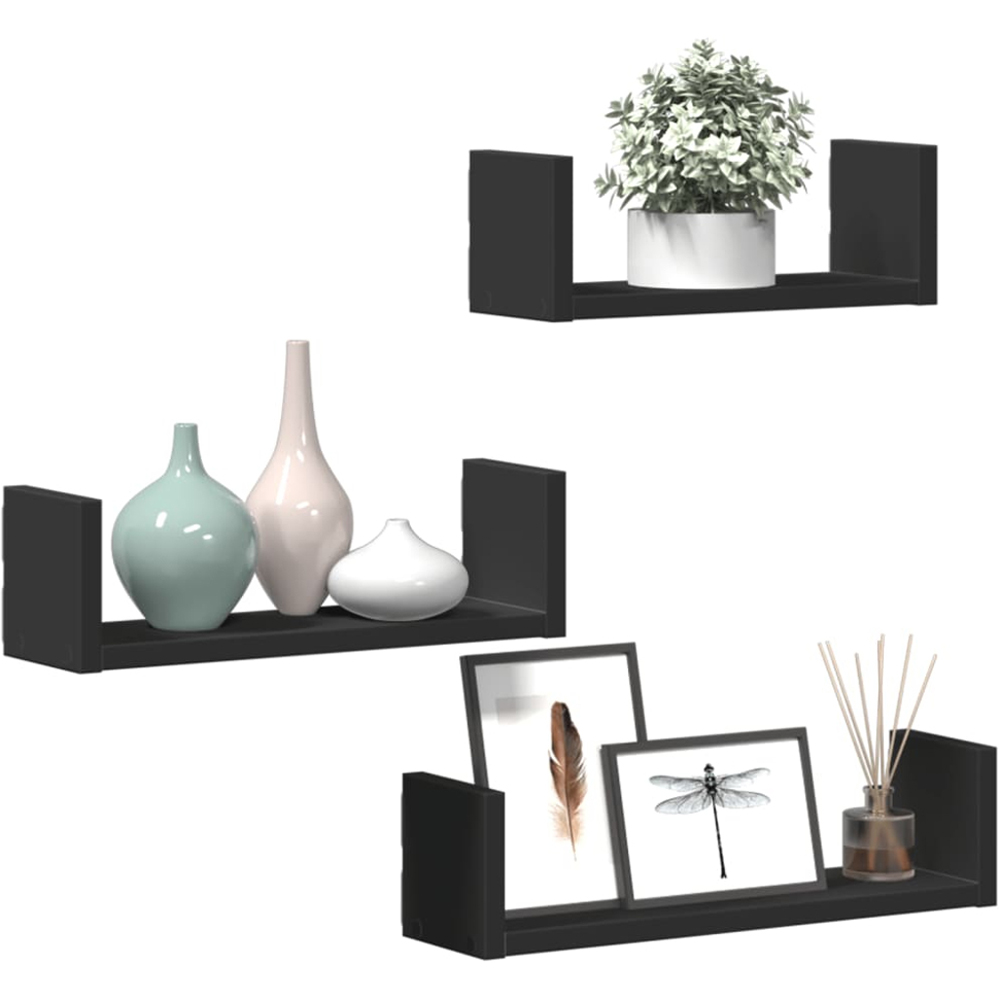 vidaXL Black Wall Shelf Set of 3 Image 2