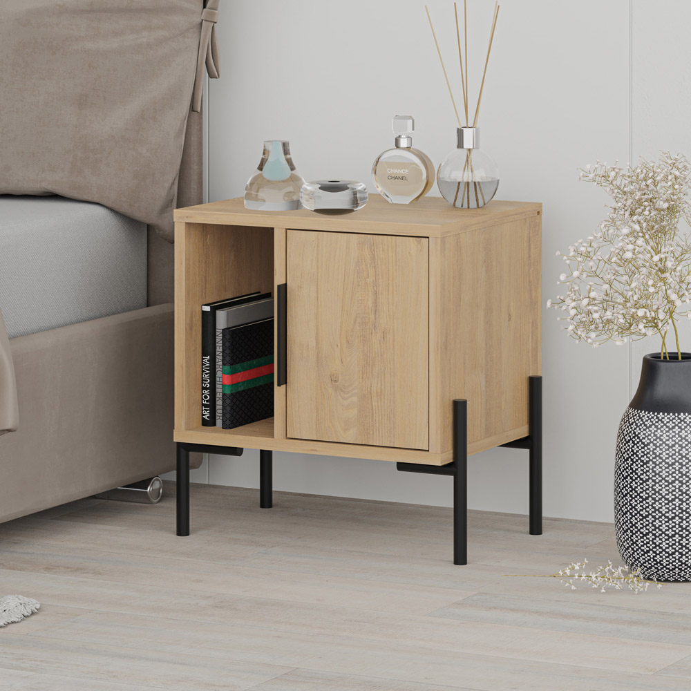Decortie Glynn Single Door Single Shelf Oak Bedside Table Image 3