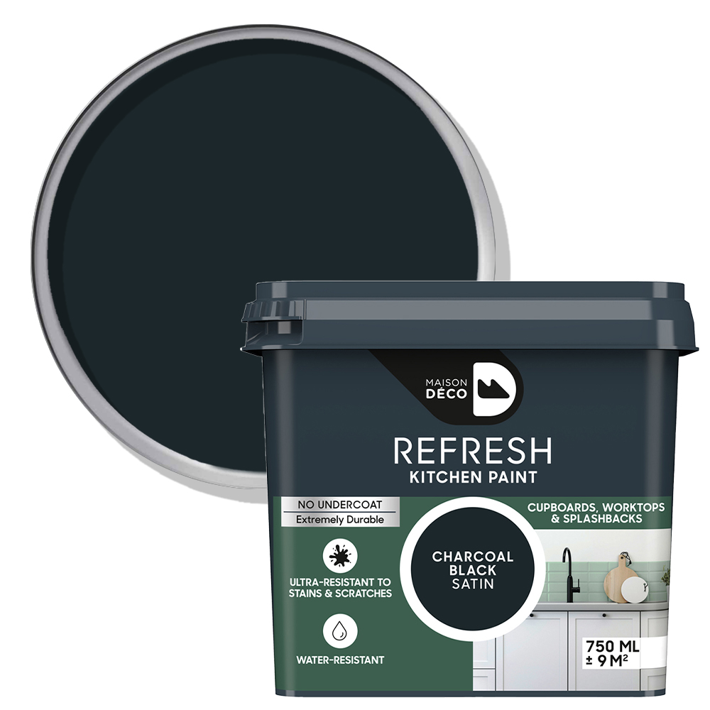 Maison Deco Refresh Kitchen Cupboards and Surfaces Charcoal Black Satin Paint 750ml Image 1