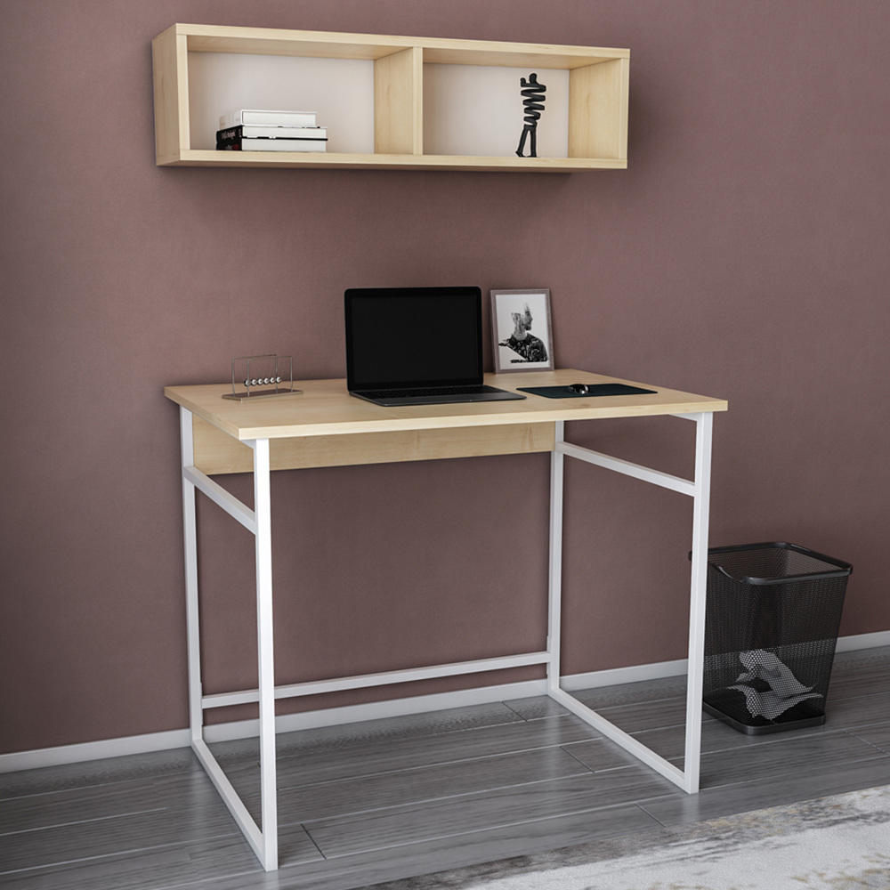 Decorotika Hussum Computer Desk with 2 Section Wall Shelf White and Oak Image 1