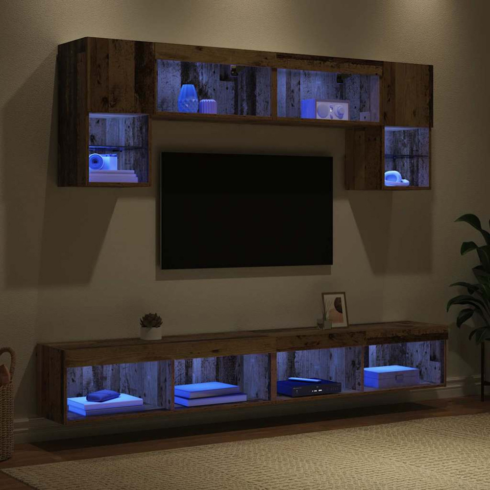 vidaXL 2 Door 10 Shelf Old Wood Wall Mounted TV Unit with LED Lights Image 5