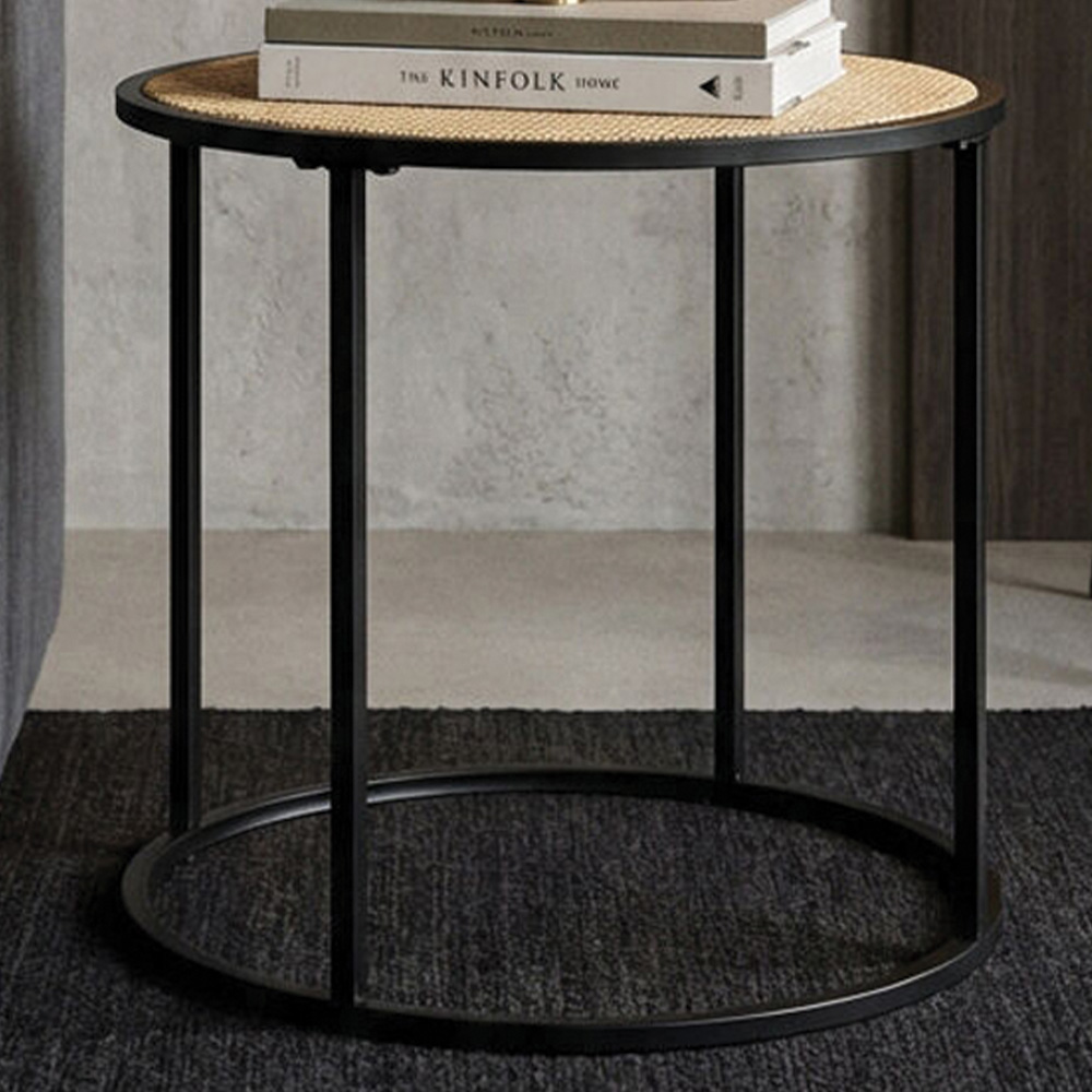 Premier Housewares Rattan Top Metal Frame Round Side Table Image 1