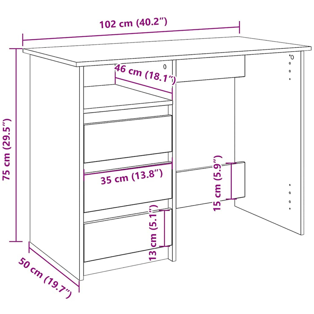vidaXL 3 Drawer Single Shelf Computer Desk Sonoma Oak Image 9