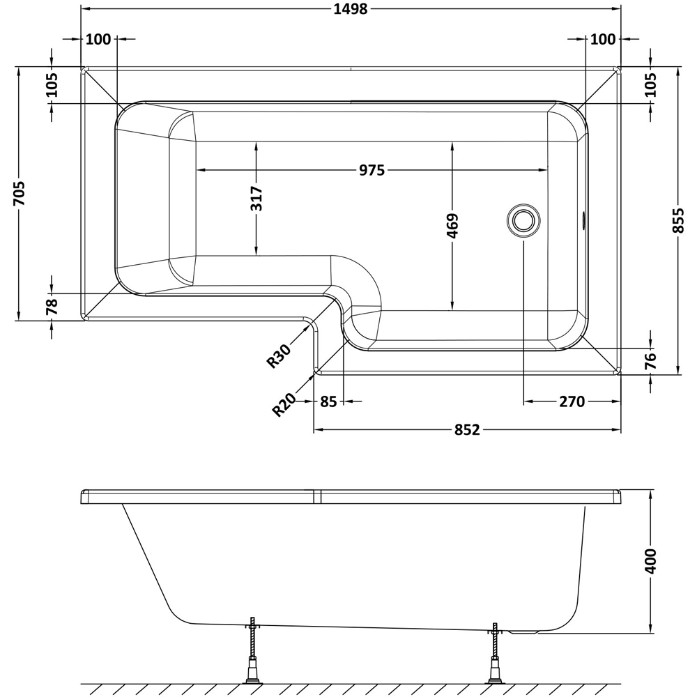 nuie White Right Hand Square Shower Bath 1500mm Image 2