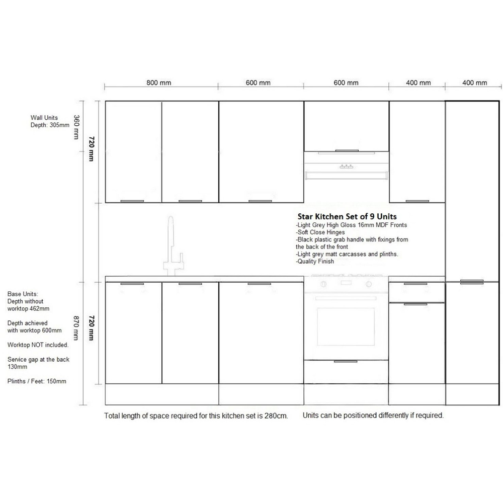 Impact Furniture Star Light Grey Gloss Kitchen Cabinet Unit Set of 9 Image 9