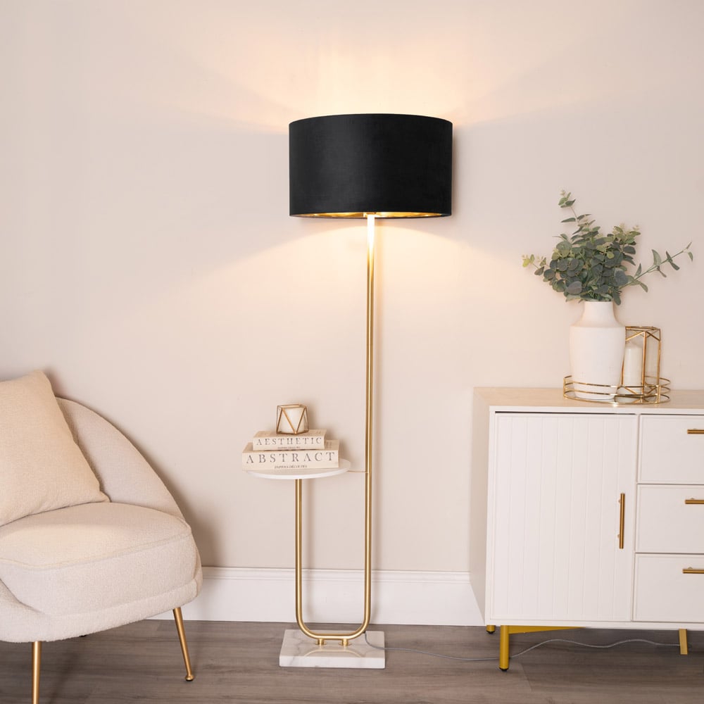 ValueLights Tavel Gold LED Floor Lamp Table with Black and Gold Velvet Lamp Shade Image 3