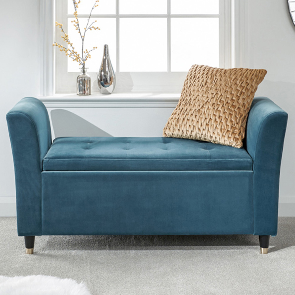 GFW Genoa Teal Blue Upholstered Window Seat With Storage Image 1
