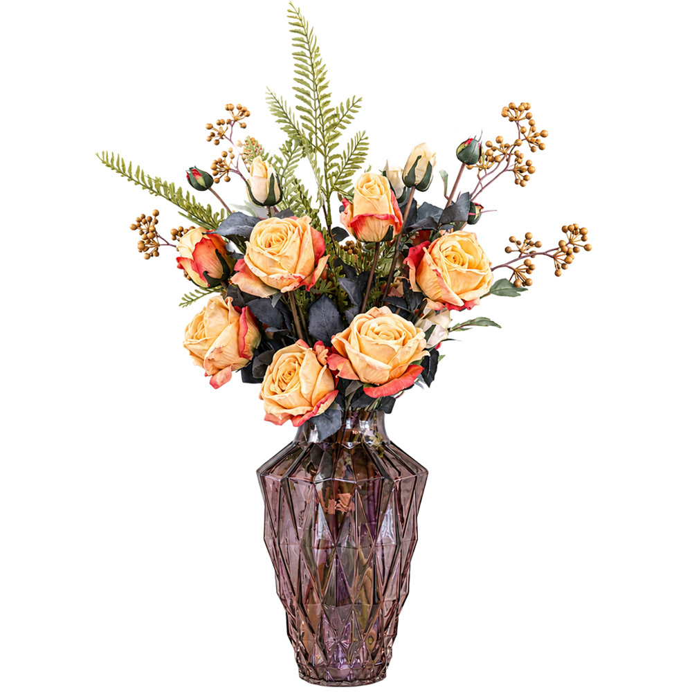 Leaf Yellow Rose Artificial Flower Bundle with Geometric Glass Vase 65cm 6 Pack Image 1