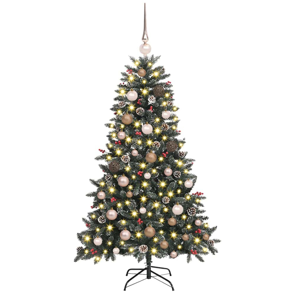 vidaXL Pre-Lit Rose Gold Bauble Pinecones Berries Green Snow Flocked Artificial Christmas Tree 5ft Image 1