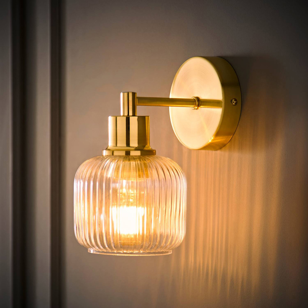 ValueLights Calpe Brushed Gold Ribbed Glass Shade Wall Light with Bulb Image 2
