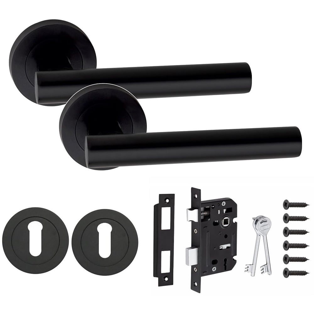 Golden Grace Matt Black Straight T-Bar Door Handle Pair with 3 Lever Mortise and Key Hole Image 1