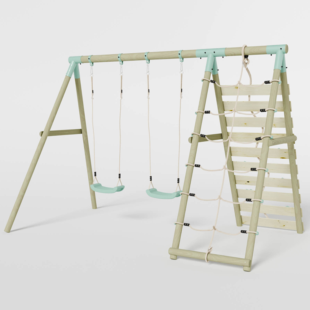 Mercia Wooden Round Pole Double Swing Set with Climbing Wall Image 4