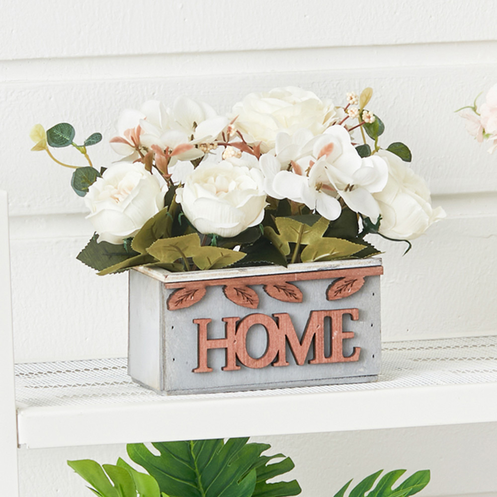 Living and Home Country Style Hydrangea Peony Artificial Flower in Wooden Vase 15cm Image 2