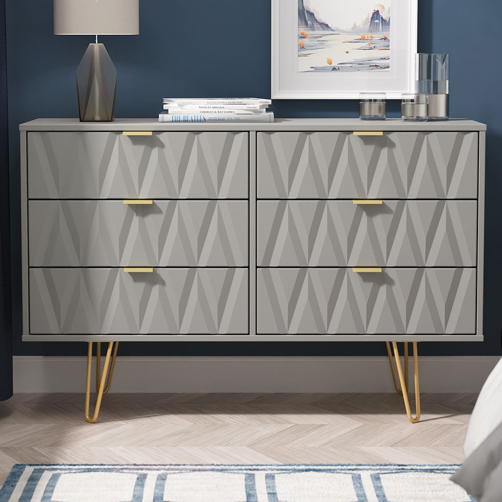 Crowndale Diamond 6 Drawer Dusk Grey Wide Chest of Drawers Ready Assembled Image 1