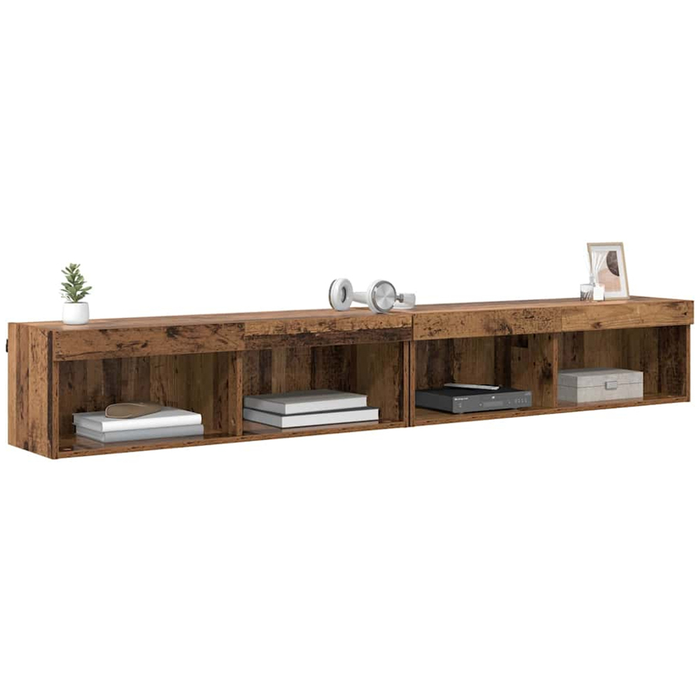 vidaXL 2 Shelf Old Wood Wall Mounted Wide TV Cabinet with LED Light 2 Pack Image 3