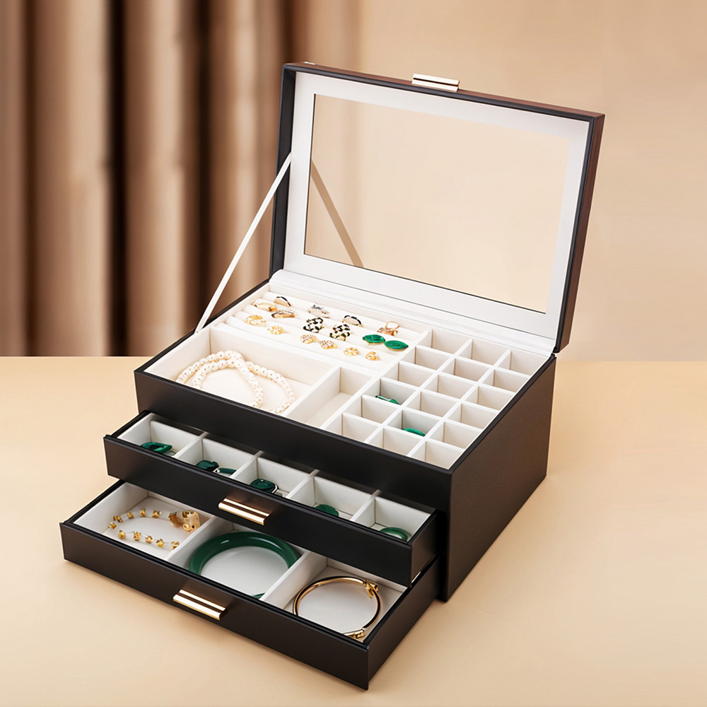 Living and Home 2 Drawer Black PU Leather Jewellery Box with Transparent Lid Image 7