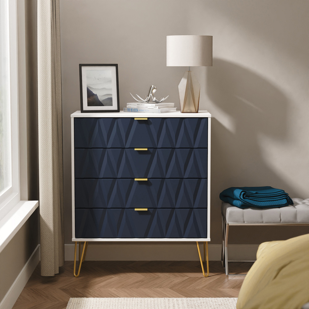 Crowndale Diamond 4 Drawer Indigo Matt and White Chest of Drawers Ready Assembled Image 6