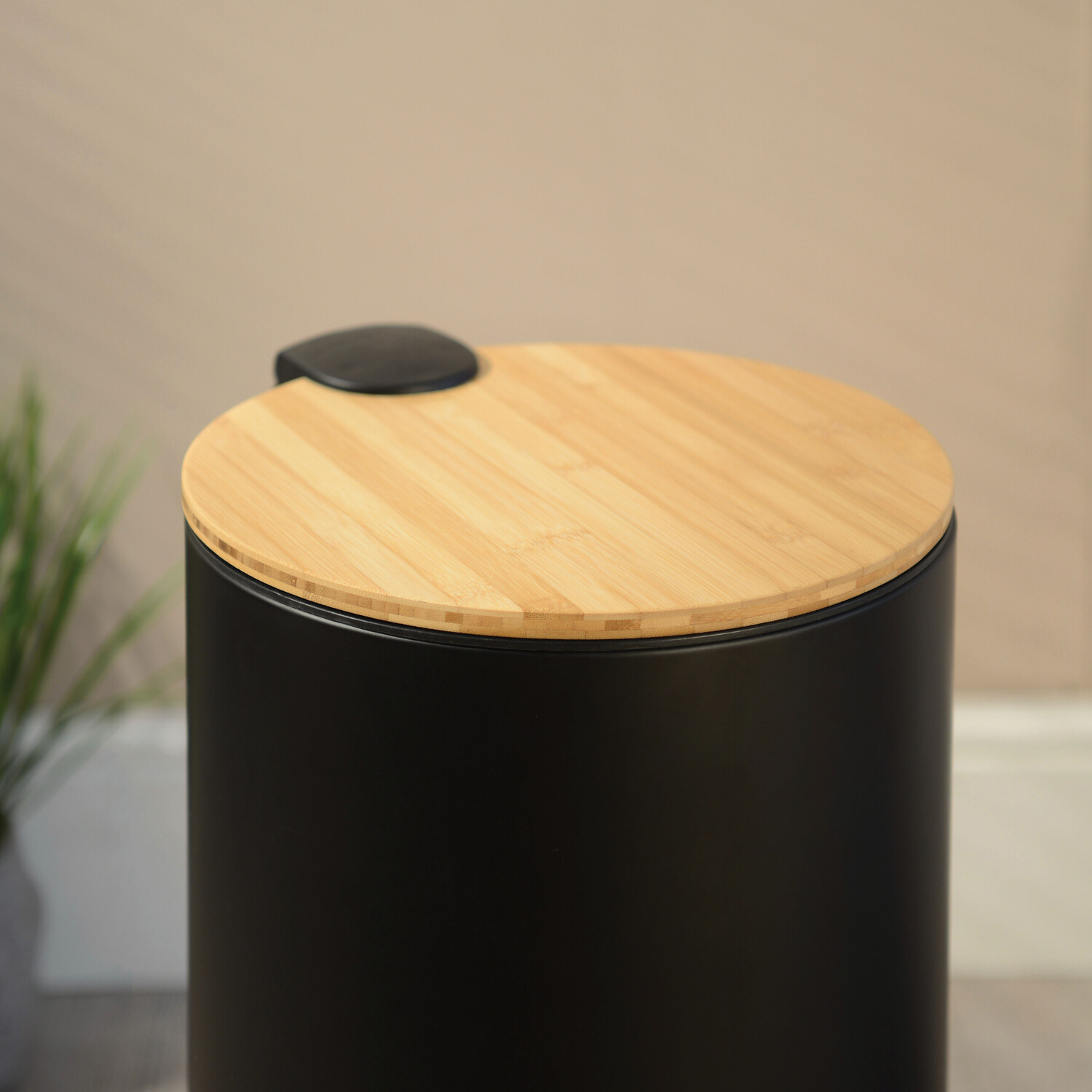 Round Black Pedal Bin with Bamboo Lid 30L Image 3