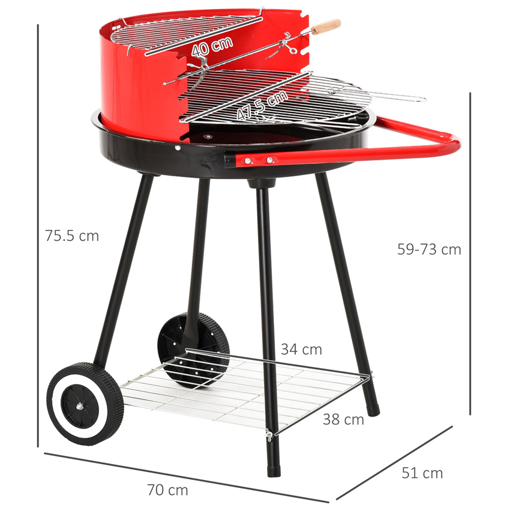 Outsunny Red and Black Round Charcoal Trolley BBQ Grill Image 6