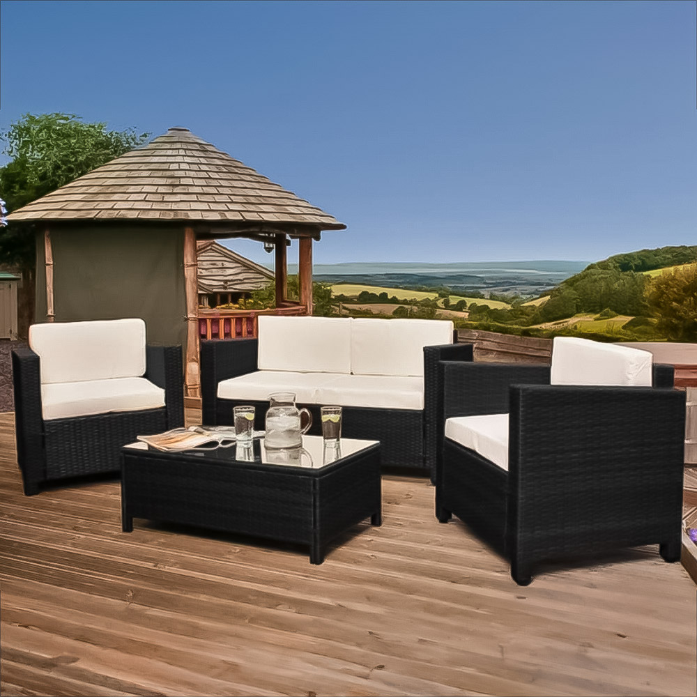 Brooklyn 4 Seater Black Rattan Sofa Chair and Table Set with Back Pads and Cover Image 1