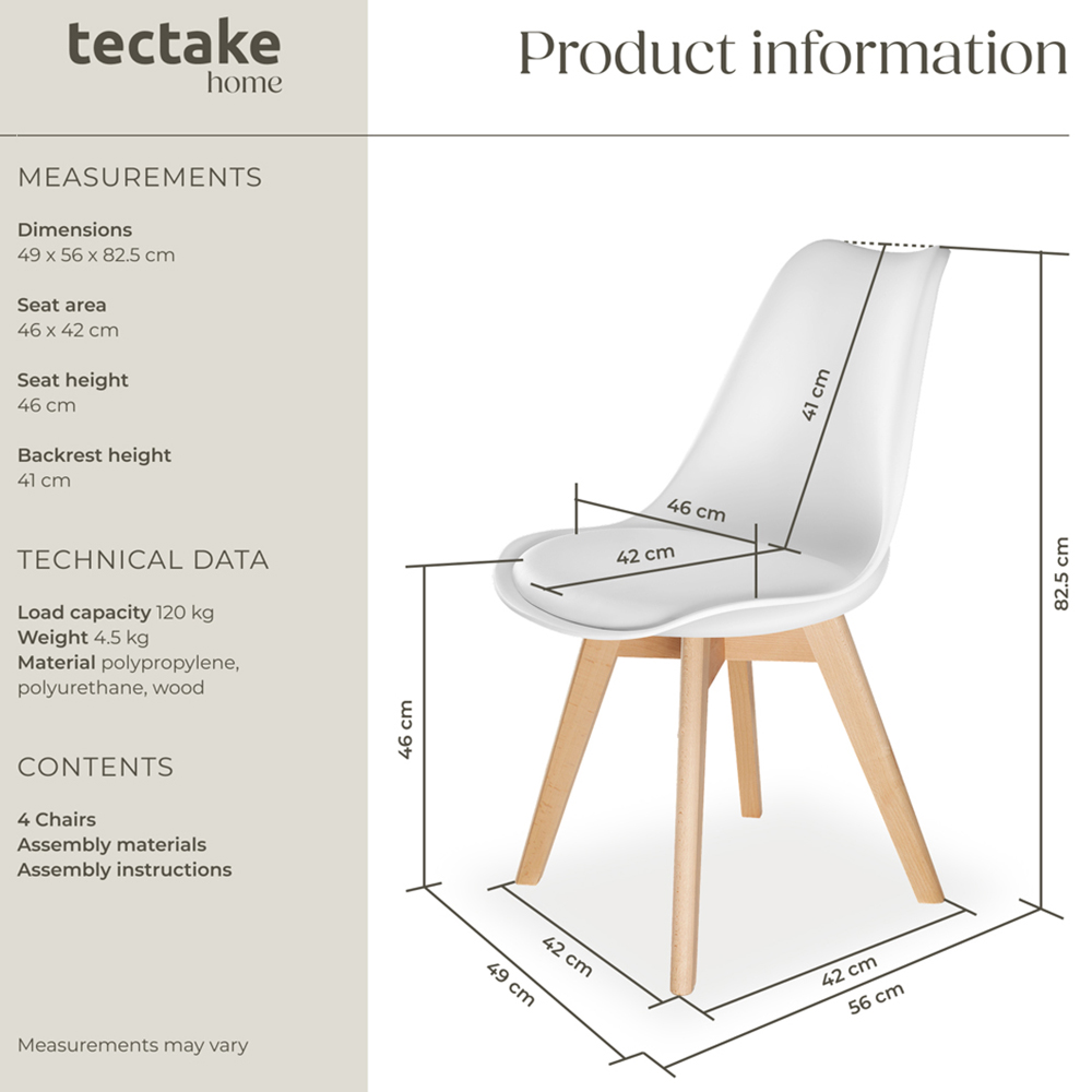 tectake Frederikke Set of 4 White Padded Dining Chair with Wooden Legs Image 9