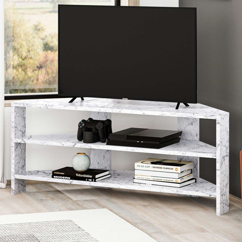 Decortie Thales White Marble Effect Corner TV Stand Image 1