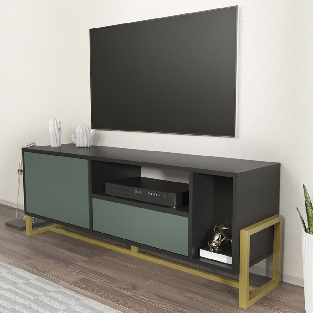 Decorotika Utopie Single Drawer Single Door 2 Shelf Black and Green TV Unit Image 1