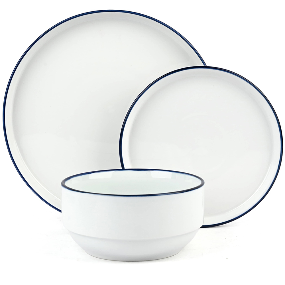 Waterside Blue Rim White Stackable 12 Piece Dinner Set Image 3